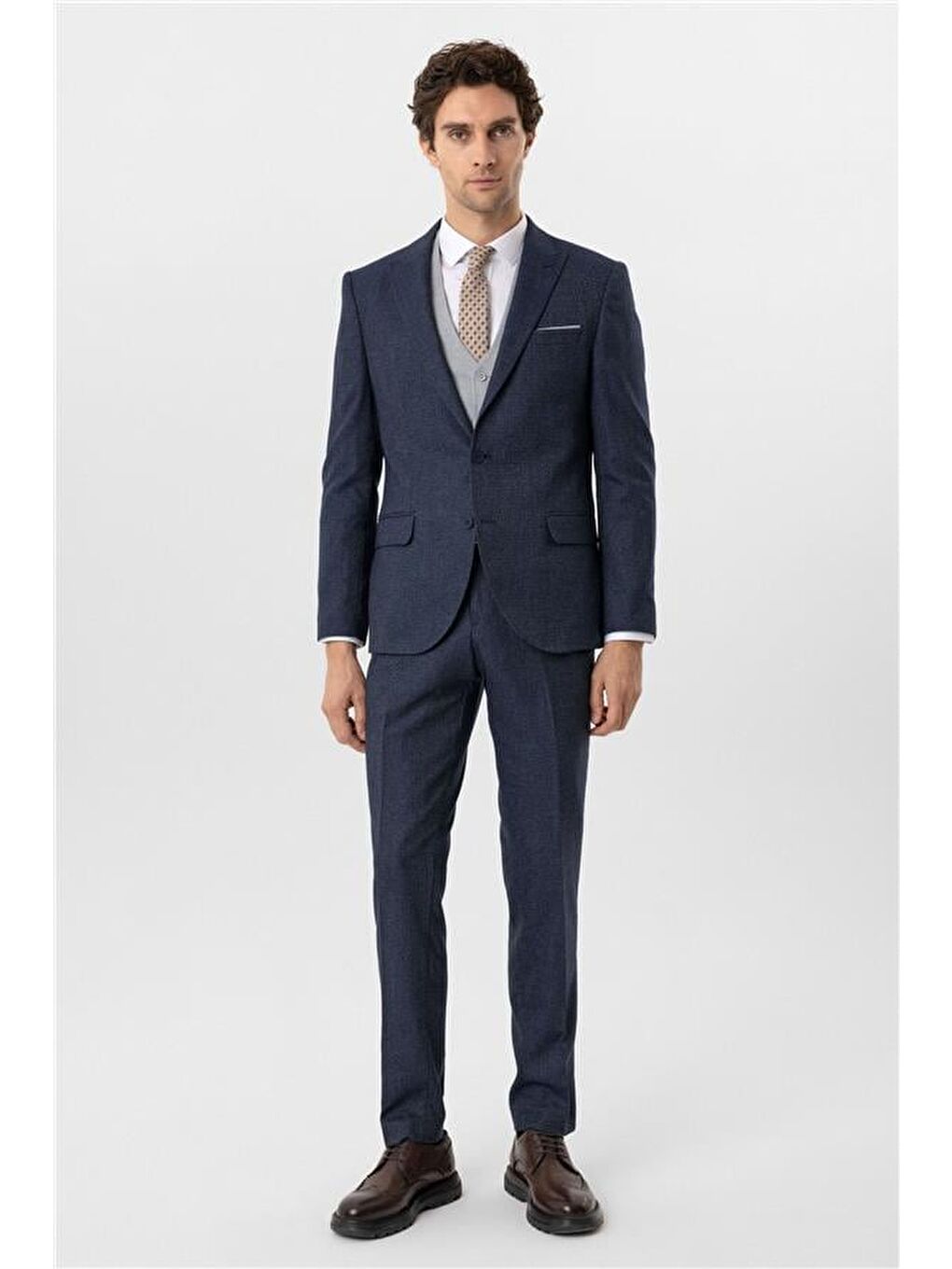 Lacivert Slim Desenli Sivri Yaka 6 Drop Yelekli Takım Elbise-1