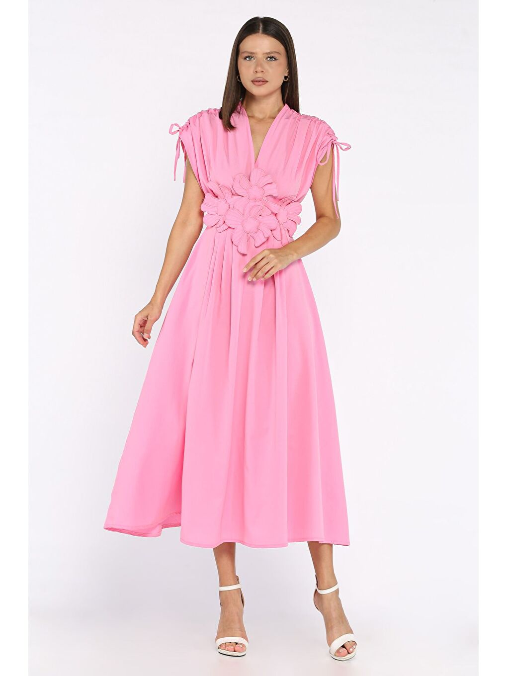 Pembe Papatya Aplikeli Kruvaze Elbise