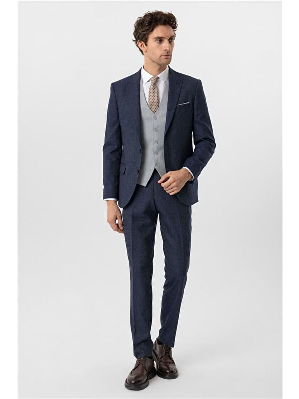 Lacivert Slim Desenli Sivri Yaka 6 Drop Yelekli Takım Elbise-2