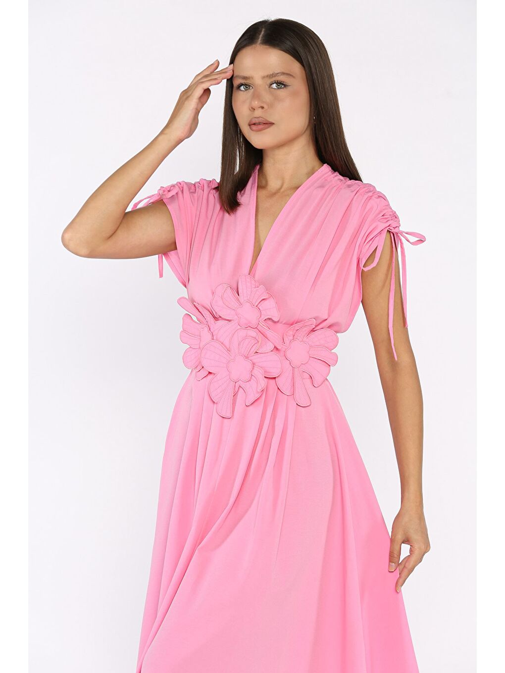 Pembe Papatya Aplikeli Kruvaze Elbise-1