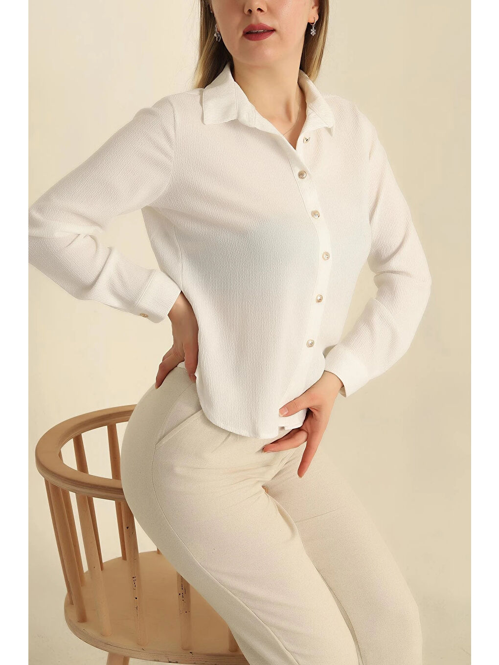 Kadın Beyaz Örme Bürümcük Gömlek HZL25S-BD1201601-2