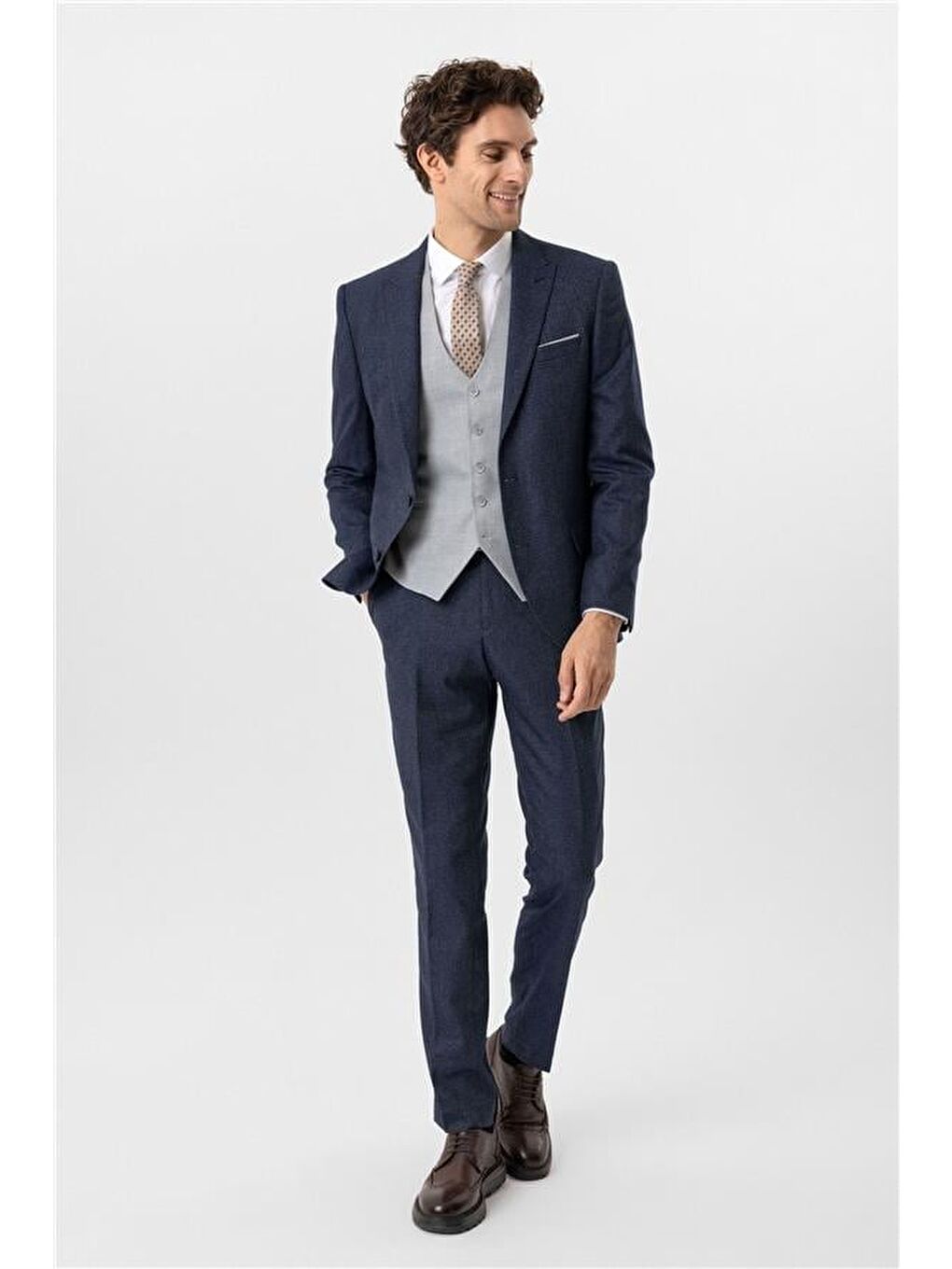 Lacivert Slim Desenli Sivri Yaka 6 Drop Yelekli Takım Elbise-3