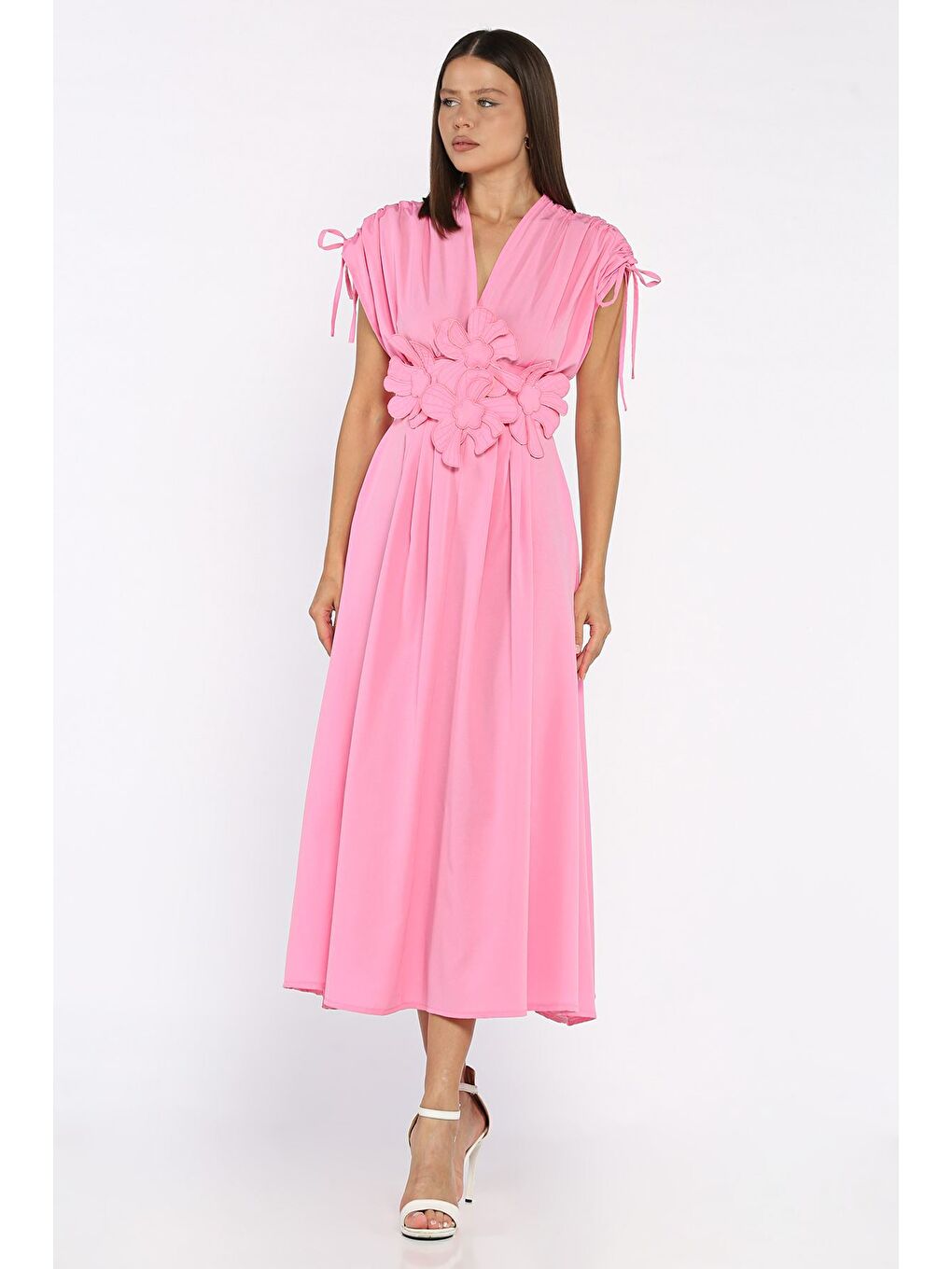 Pembe Papatya Aplikeli Kruvaze Elbise-2