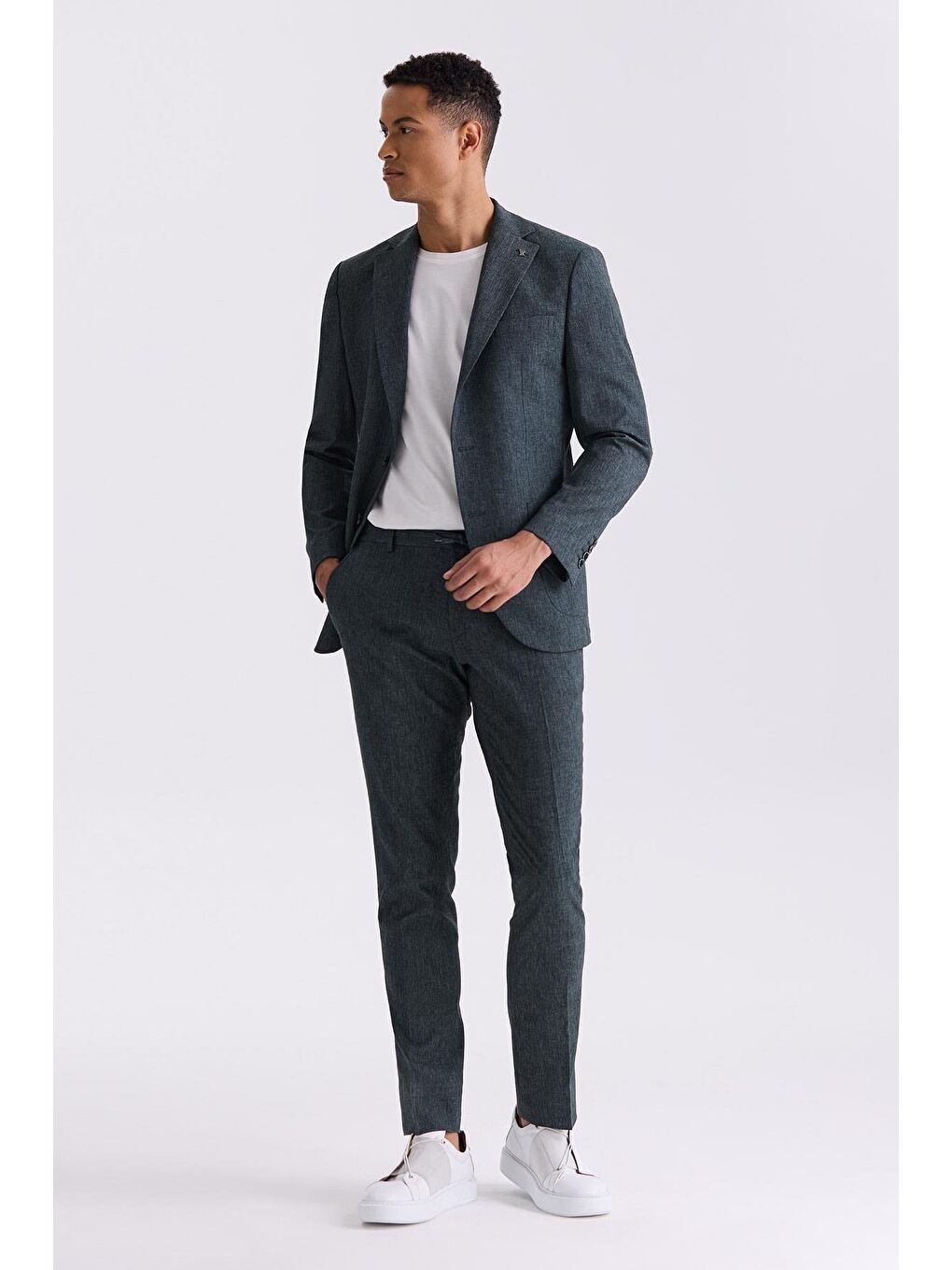 Yeşil Slim Fit Mono Yaka Keten Takım Elbise