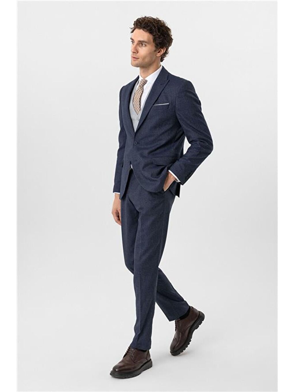 Lacivert Slim Desenli Sivri Yaka 6 Drop Yelekli Takım Elbise-4