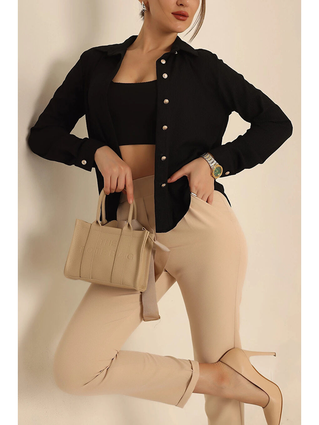 Kadın Siyah Örme Bürümcük Gömlek HZL25S-BD1201601-2