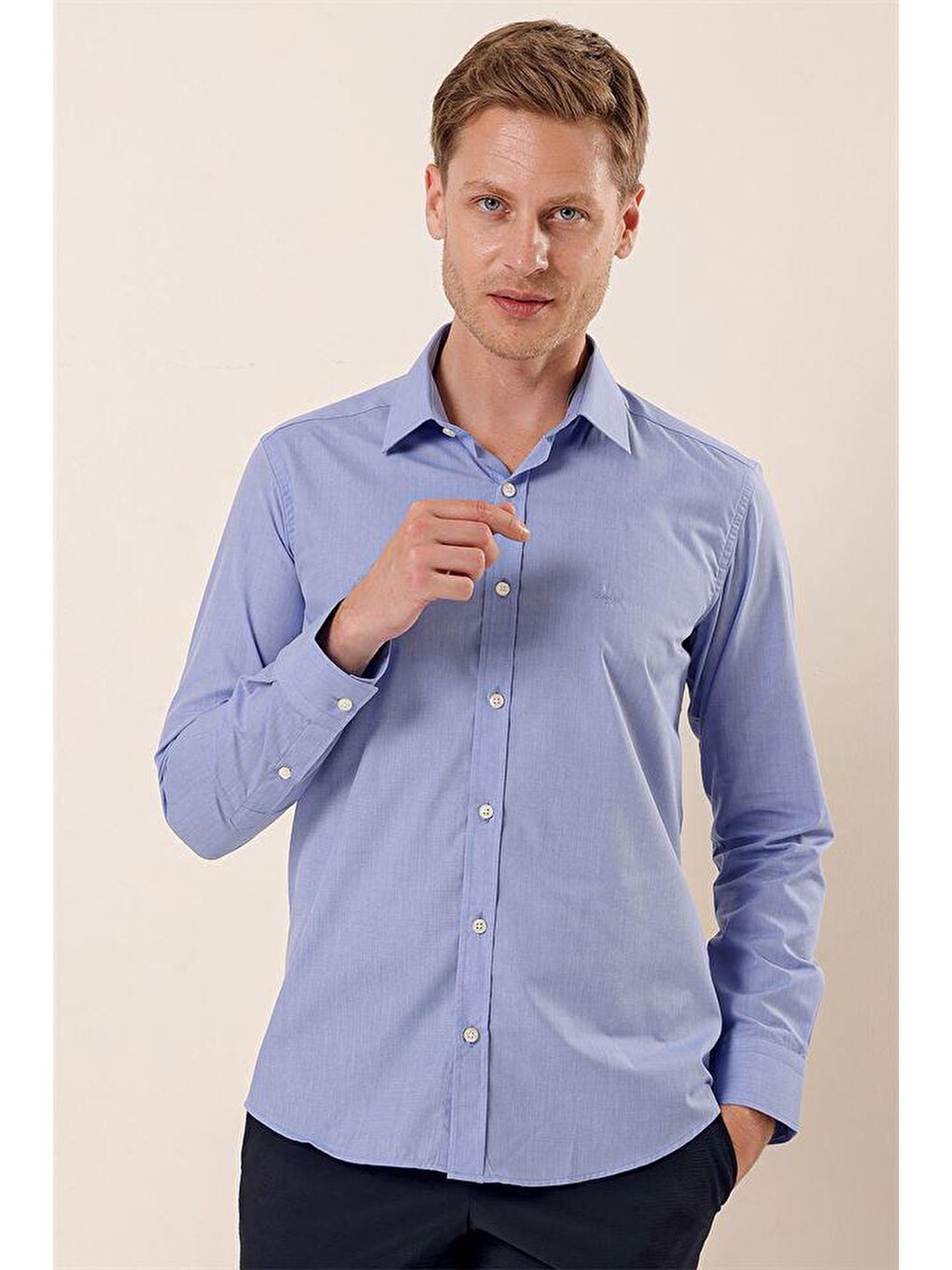 Mavi Uzun Kollu Filafil Desen Filafil Sert Yaka Cepsiz Pamuklu Basic Slim Gömlek 1004230907