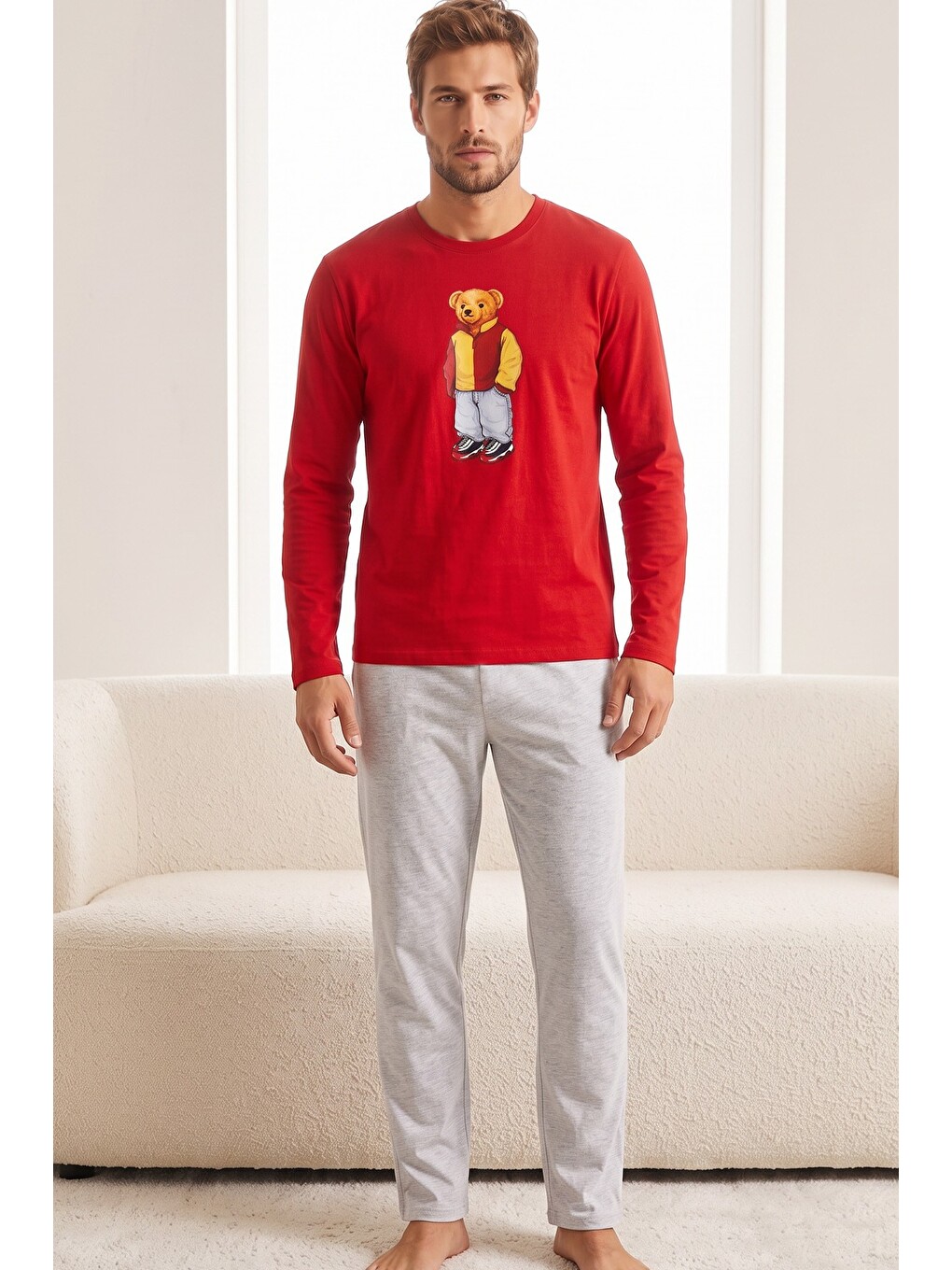 Kırmızı Baskılı Pamuklu Örme Uzun Kollu Pijama Takım 8076-1