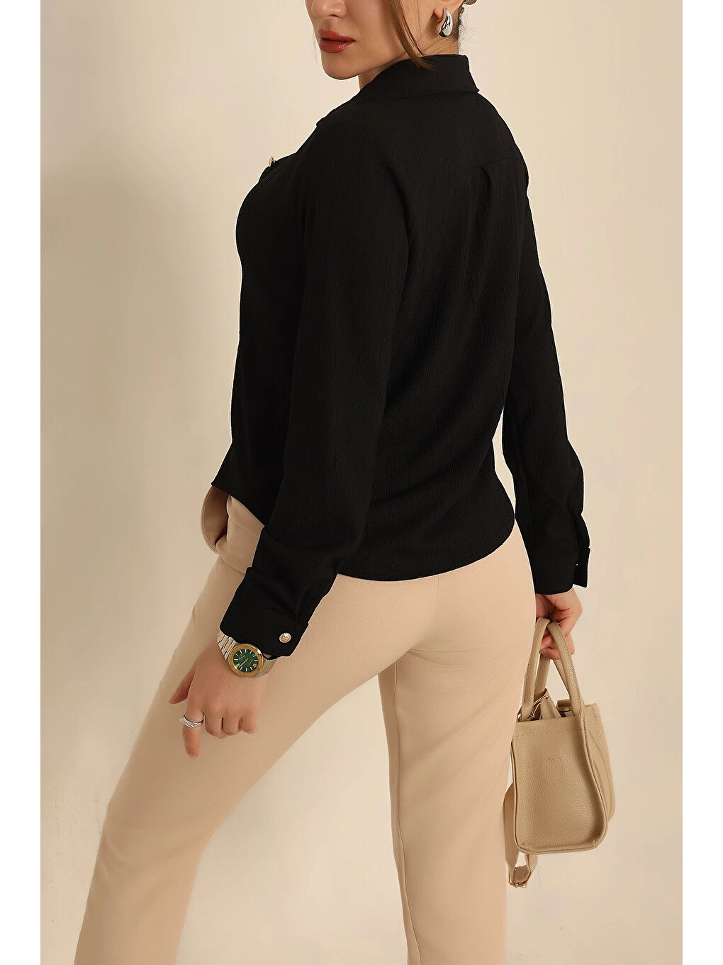 Kadın Siyah Örme Bürümcük Gömlek HZL25S-BD1201601-3