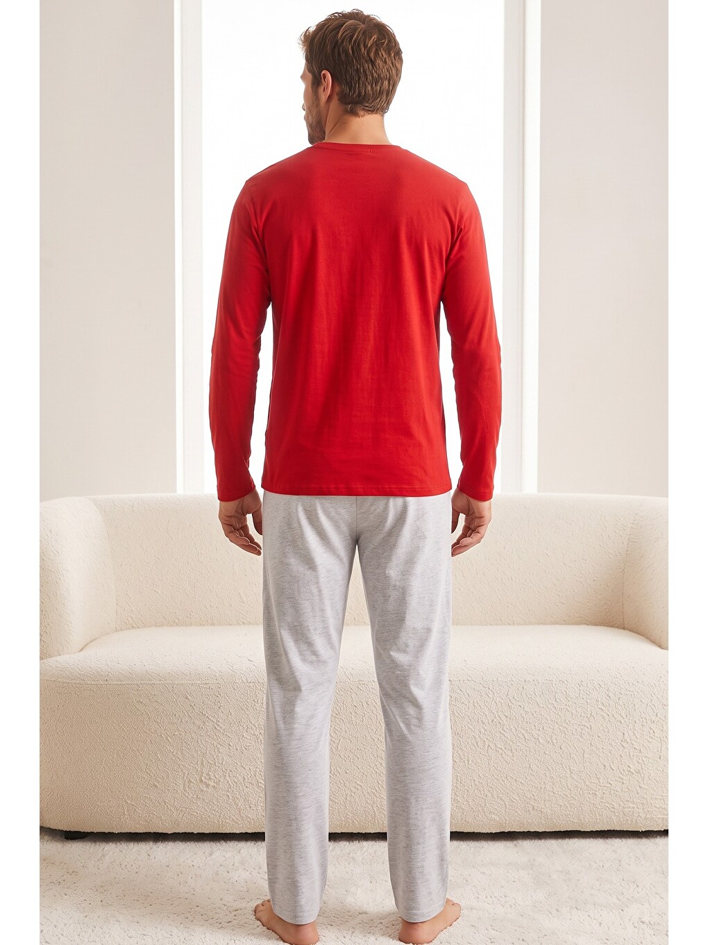 Kırmızı Baskılı Pamuklu Örme Uzun Kollu Pijama Takım 8076-2