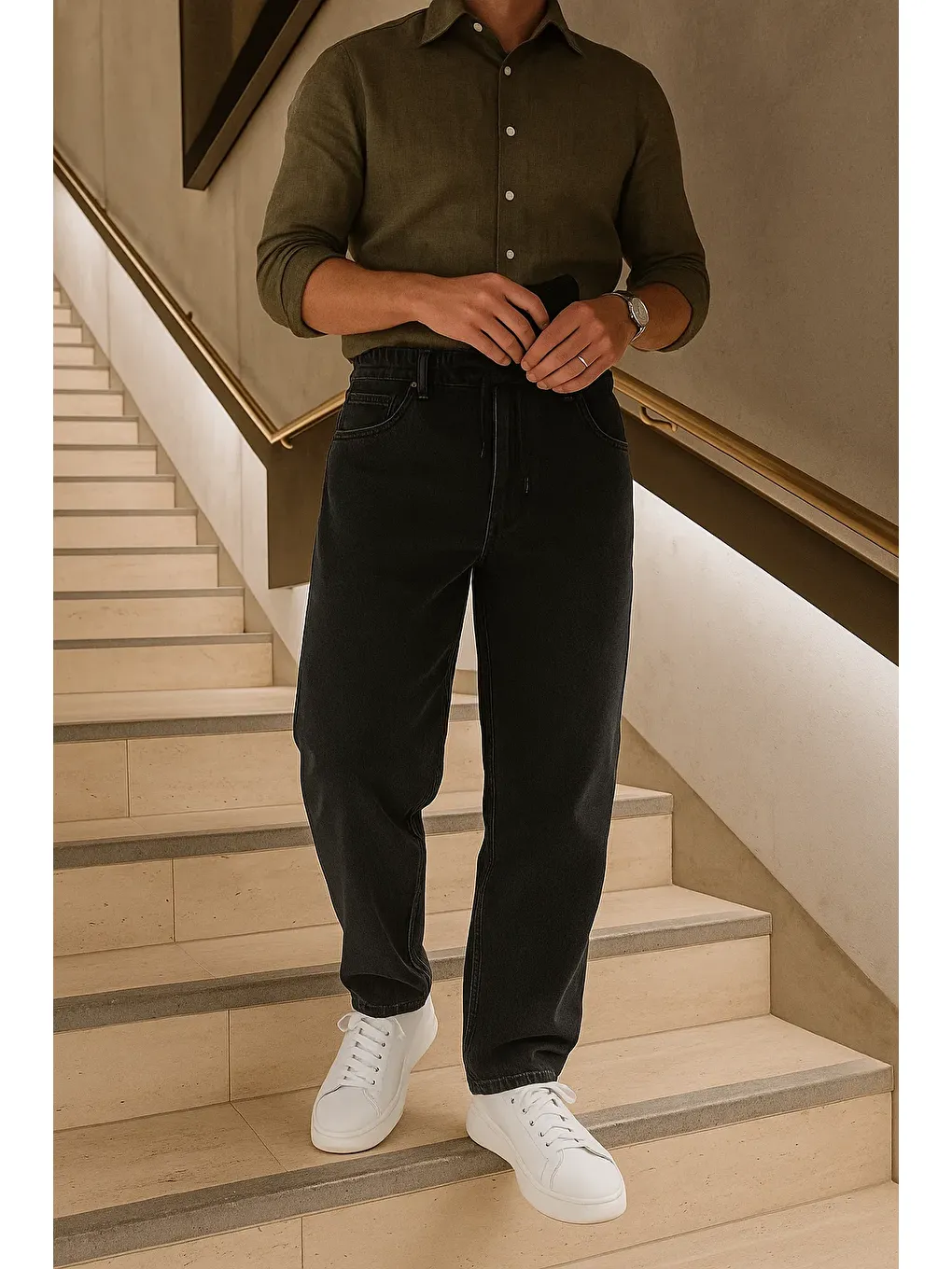 Erkek Beli Lastikli Jogger Bol Paça Siyah Baggy Pantolon-1