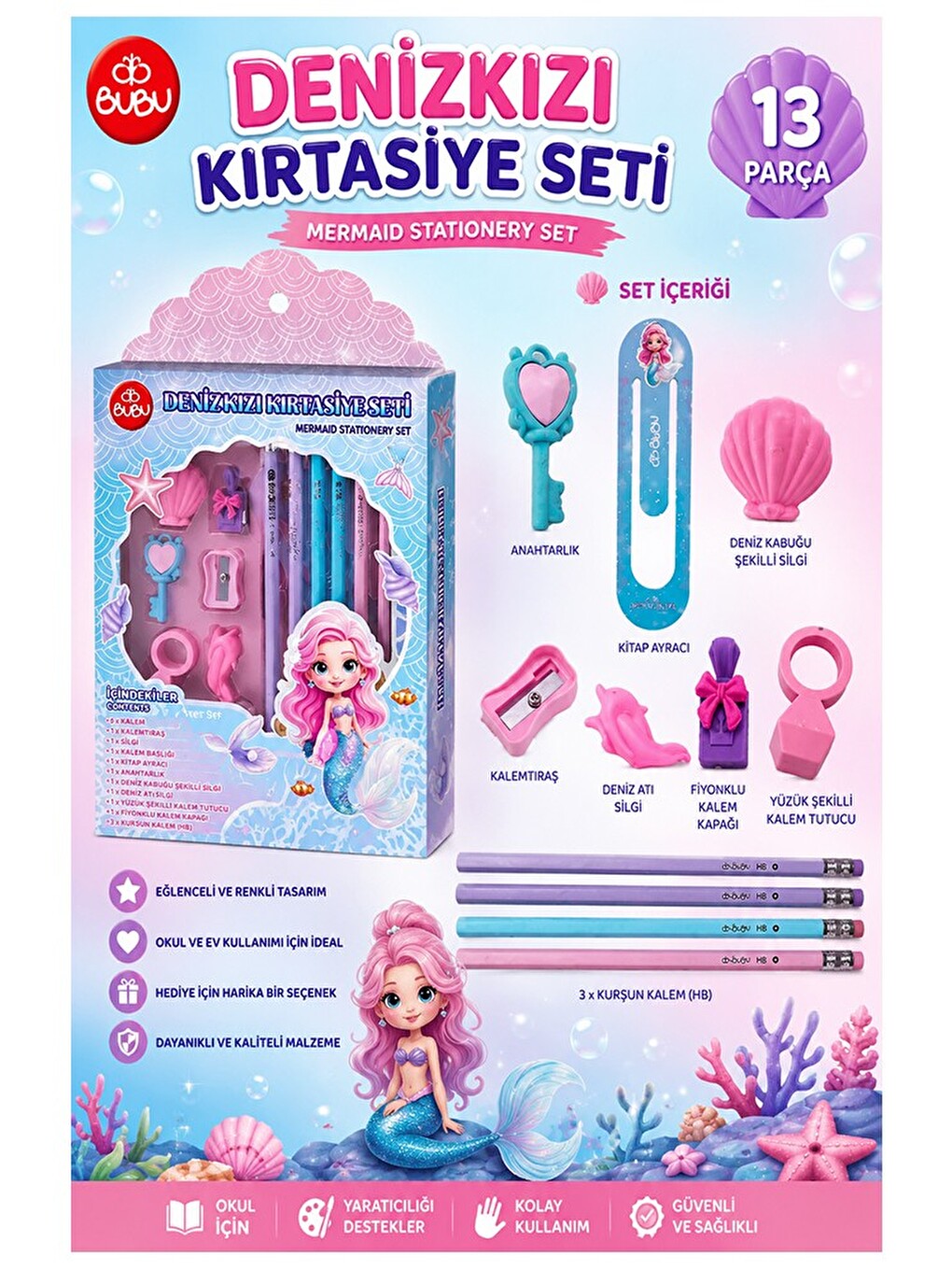 Deniz Kızı Kırtasiye Seti 1 Paket 13 Parça Kurşun Kalem Silgi Kalemtraş Cetvel Kitap Ayracı Kalem Ba