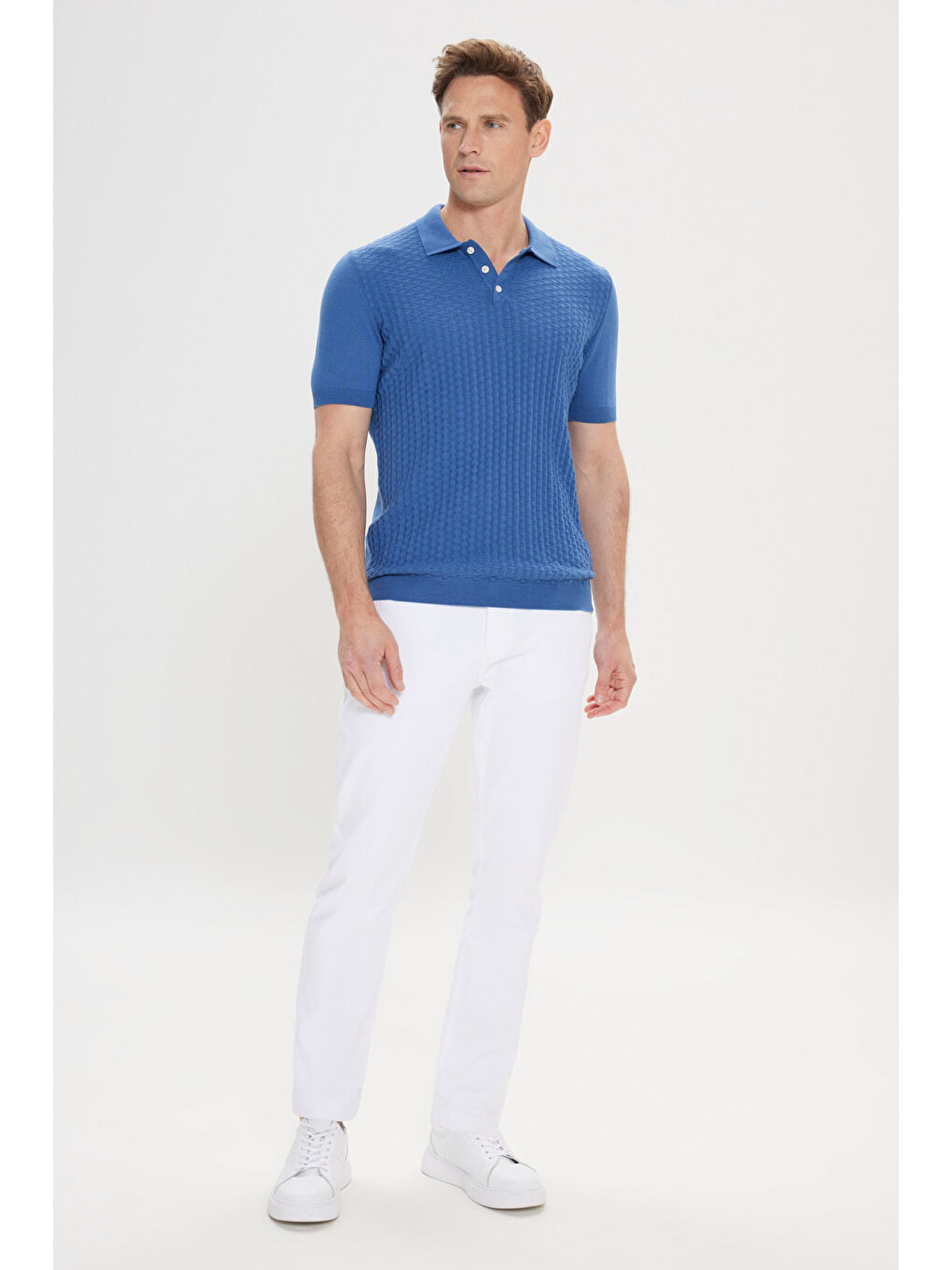 Erkek İndigo Standart Fit Normal Kesim %100 Pamuk Jakarlı Polo Yaka Triko Tişört-1