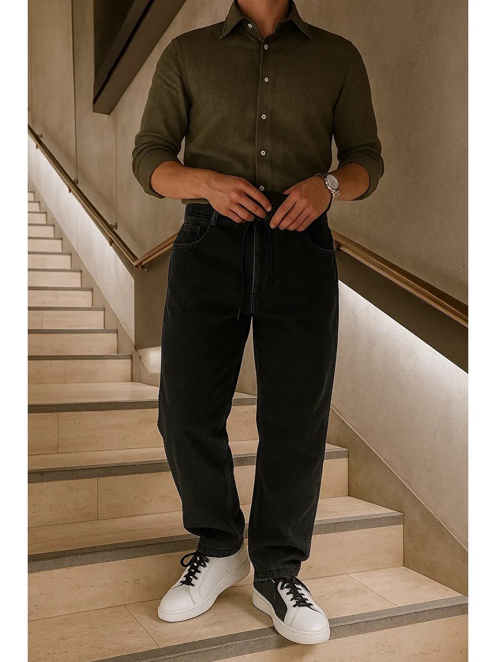 Erkek Beli Lastikli Jogger Bol Paça Siyah Baggy Pantolon-2