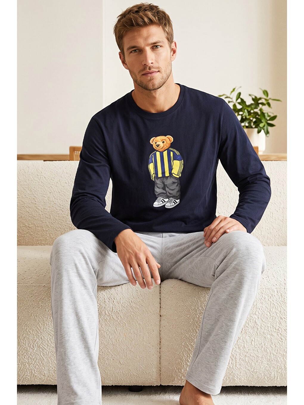 Lacivert Baskılı Pamuklu Örme Uzun Kollu Pijama Takım 8076