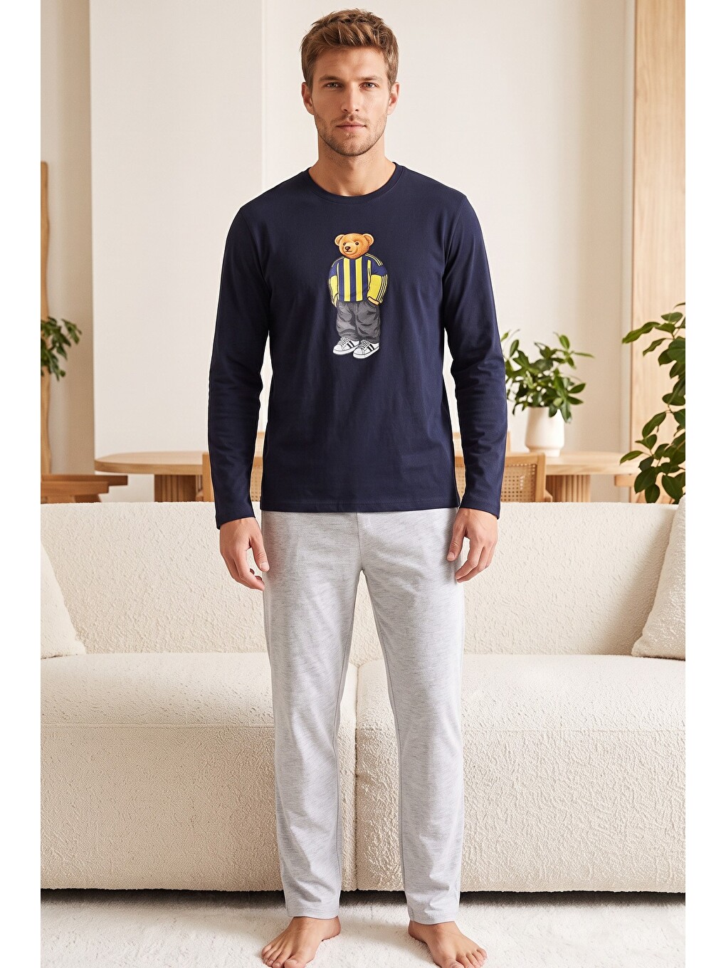 Lacivert Baskılı Pamuklu Örme Uzun Kollu Pijama Takım 8076-1
