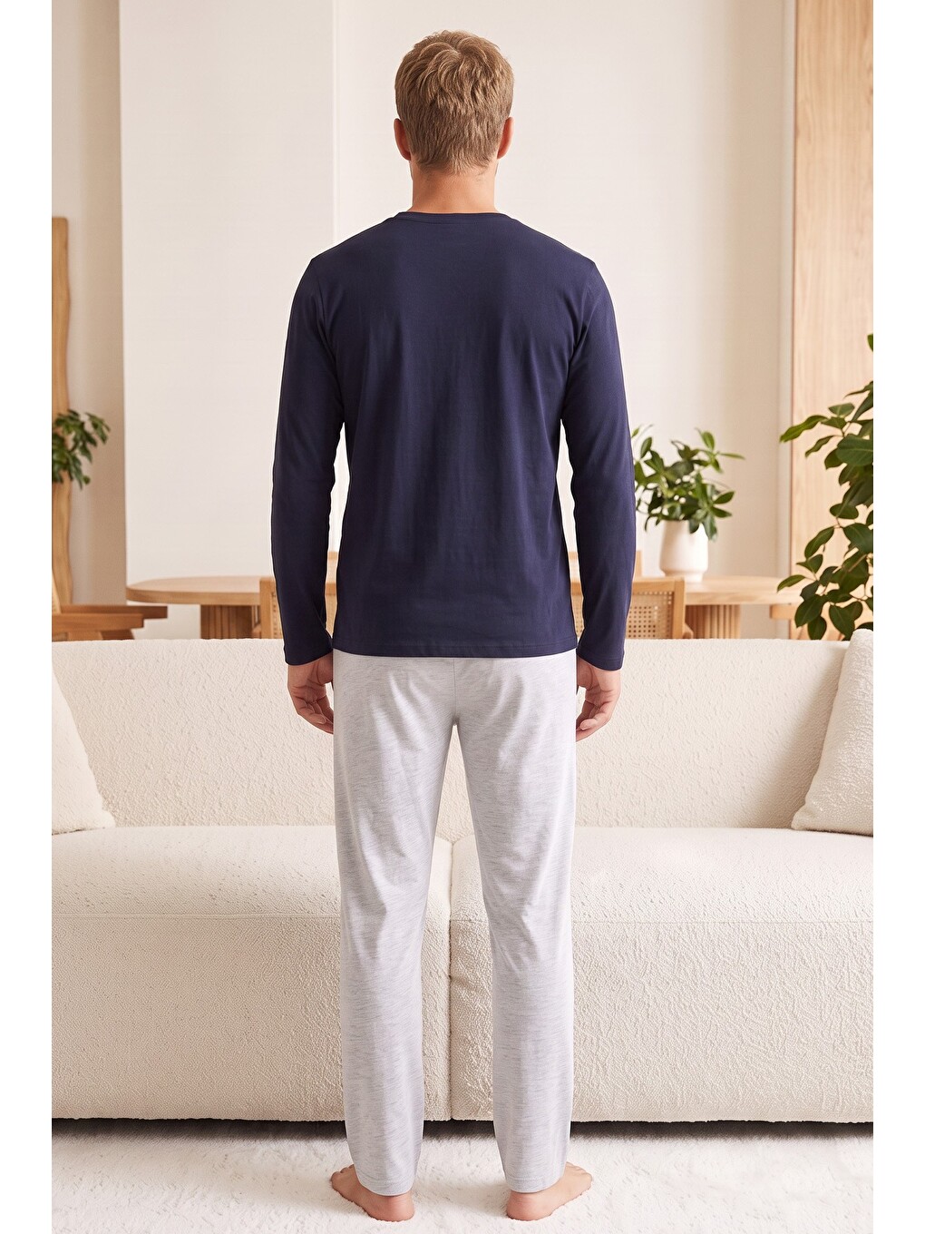 Lacivert Baskılı Pamuklu Örme Uzun Kollu Pijama Takım 8076-2