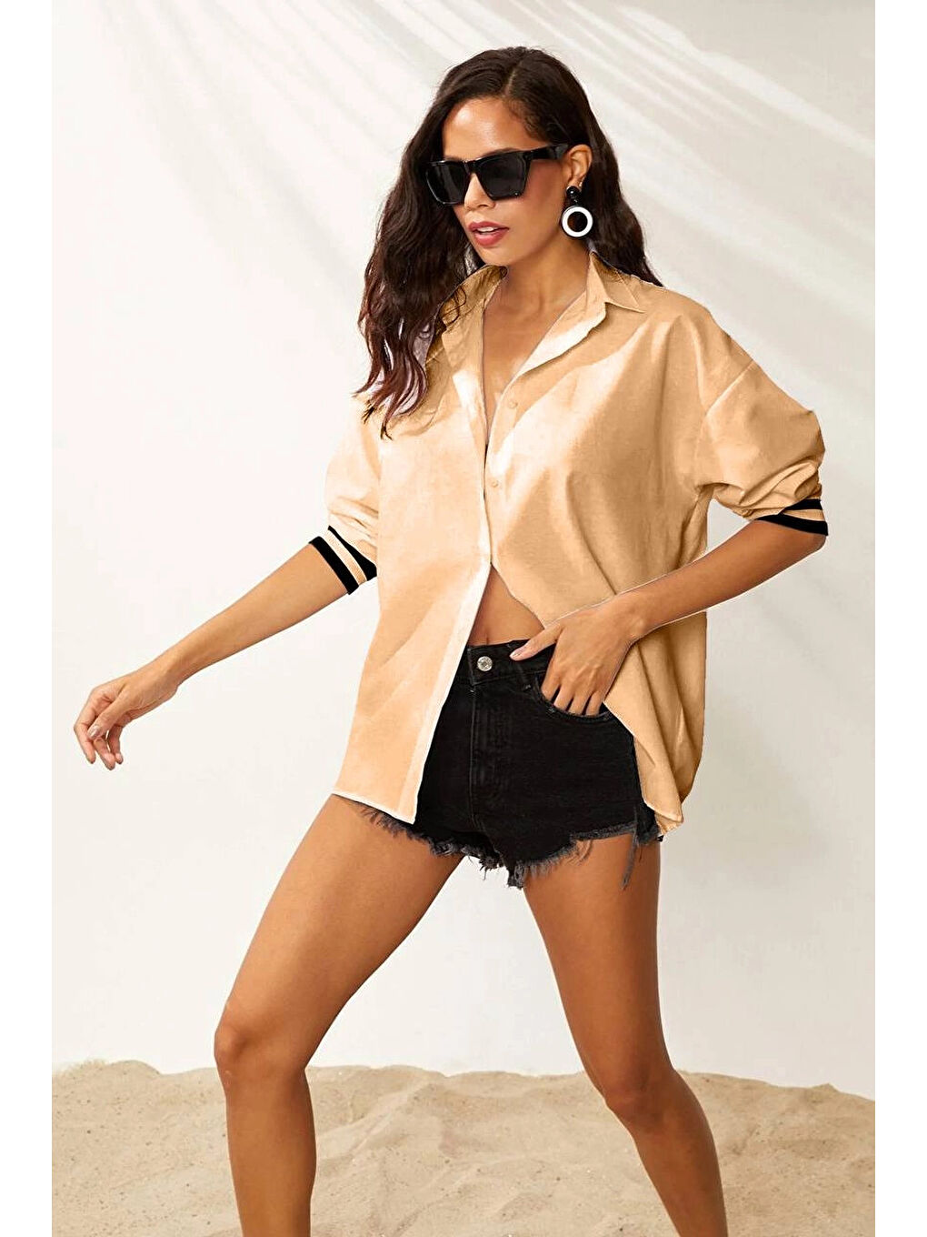 Bej Kadın Bisküvi Oversize Uzun Ribanalı Gömlek HZL22S-RT110011