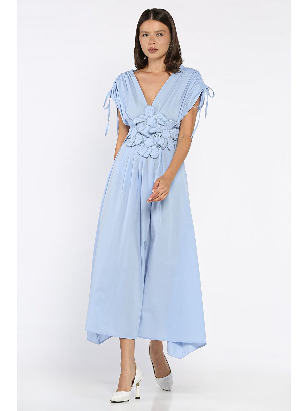 Mavi Papatya Aplikeli Kruvaze Elbise-1