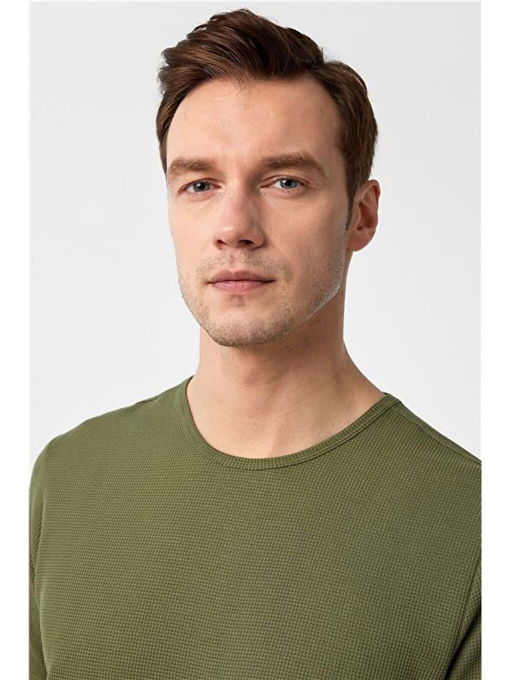 Haki Slim Armürlü Bisiklet Yaka Tişört-1