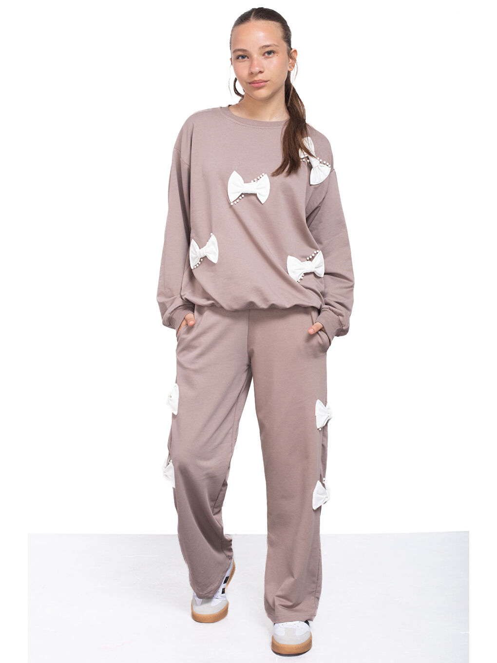 Kahverengi Fiyonklu İnci Detaylı Kız Çocuk Bisiklet Yaka 2li Eşofman Takımı 21202