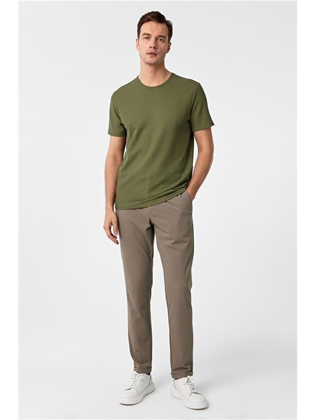 Haki Slim Armürlü Bisiklet Yaka Tişört-5