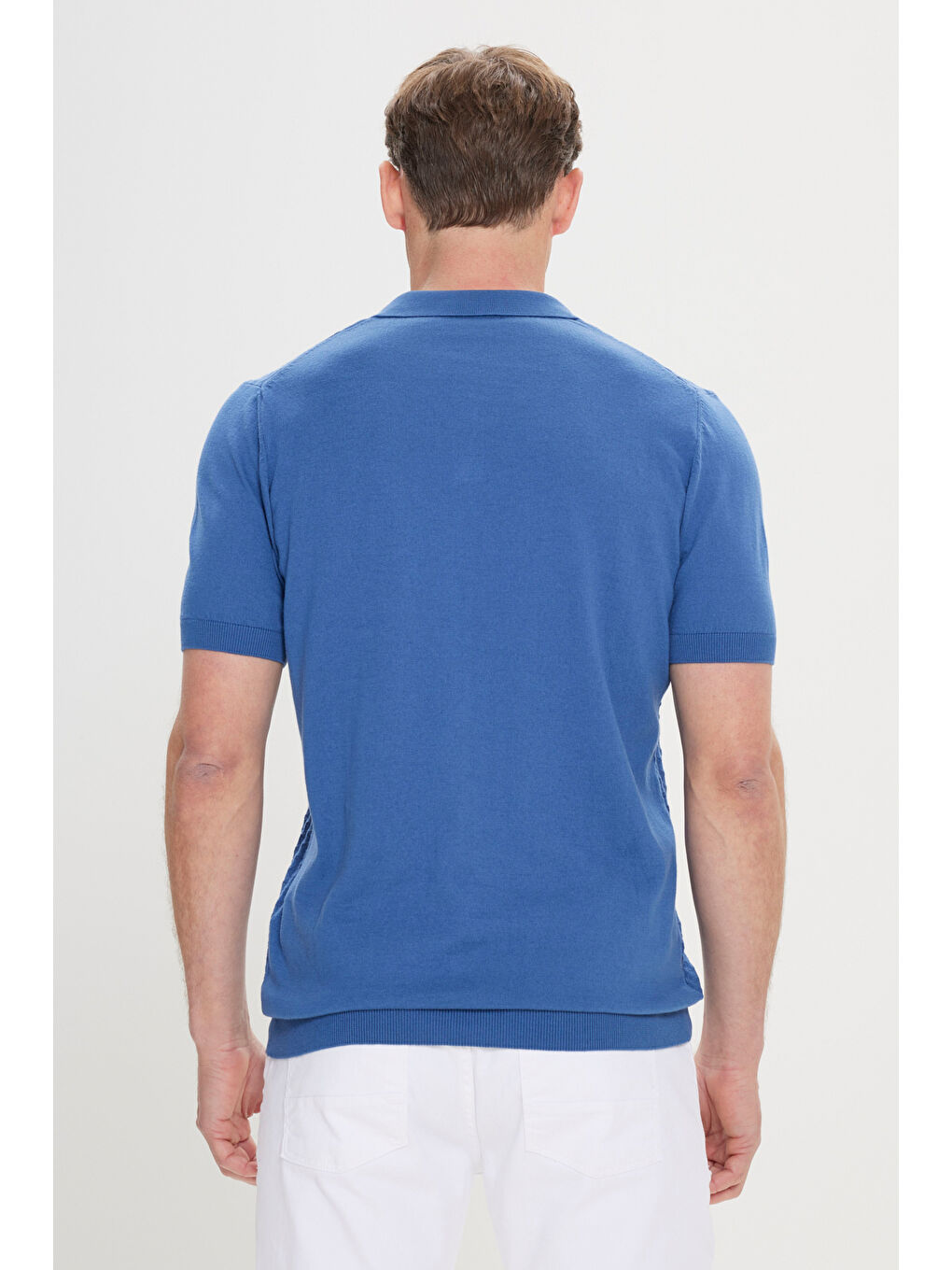 Erkek İndigo Standart Fit Normal Kesim %100 Pamuk Jakarlı Polo Yaka Triko Tişört-4