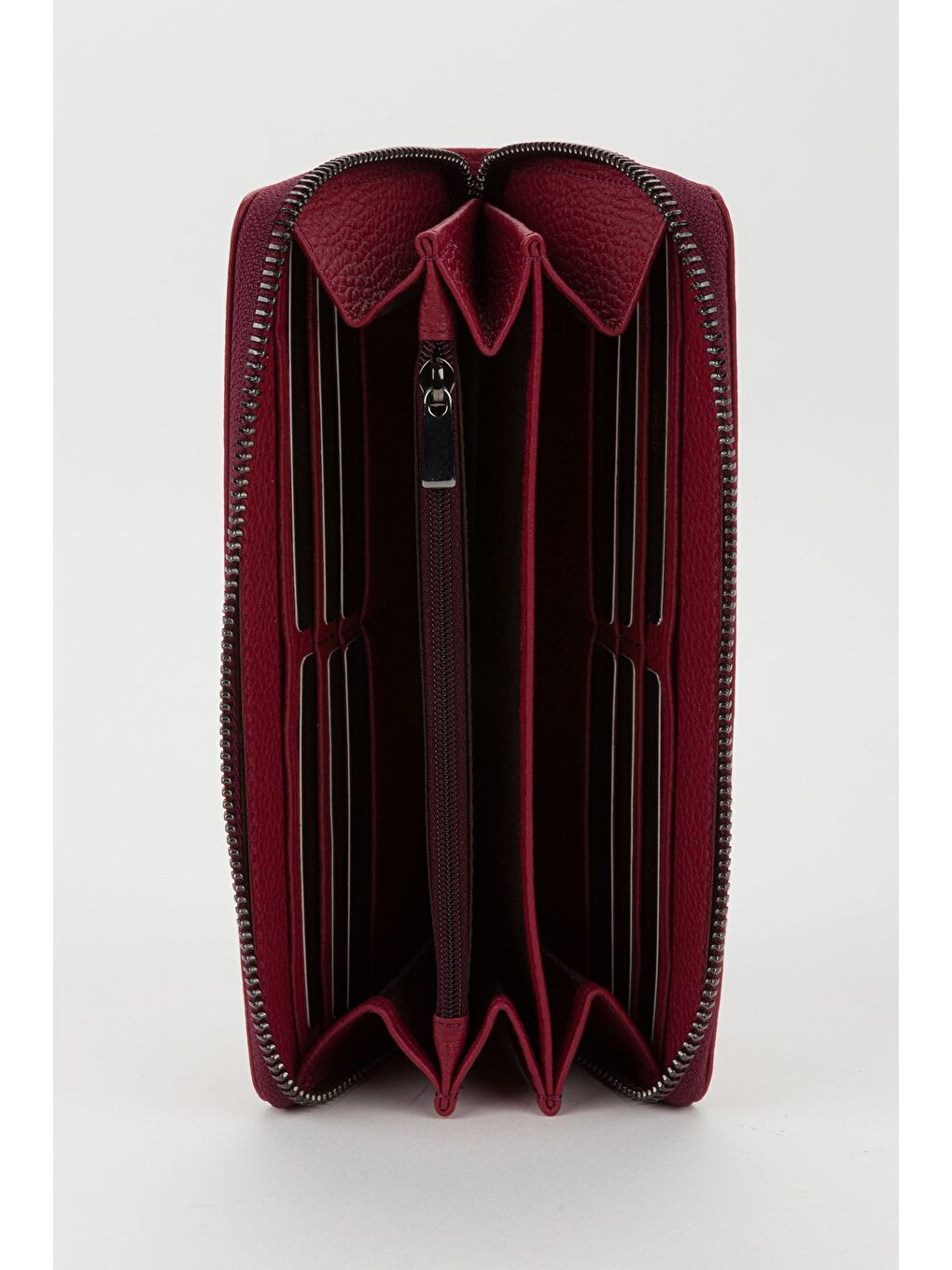 Bordo Kutulu Hakiki Deri Su Yeşili Fermuarlı Büyük Boy Kadın El Portföyü Kartlık Cüzdan-2