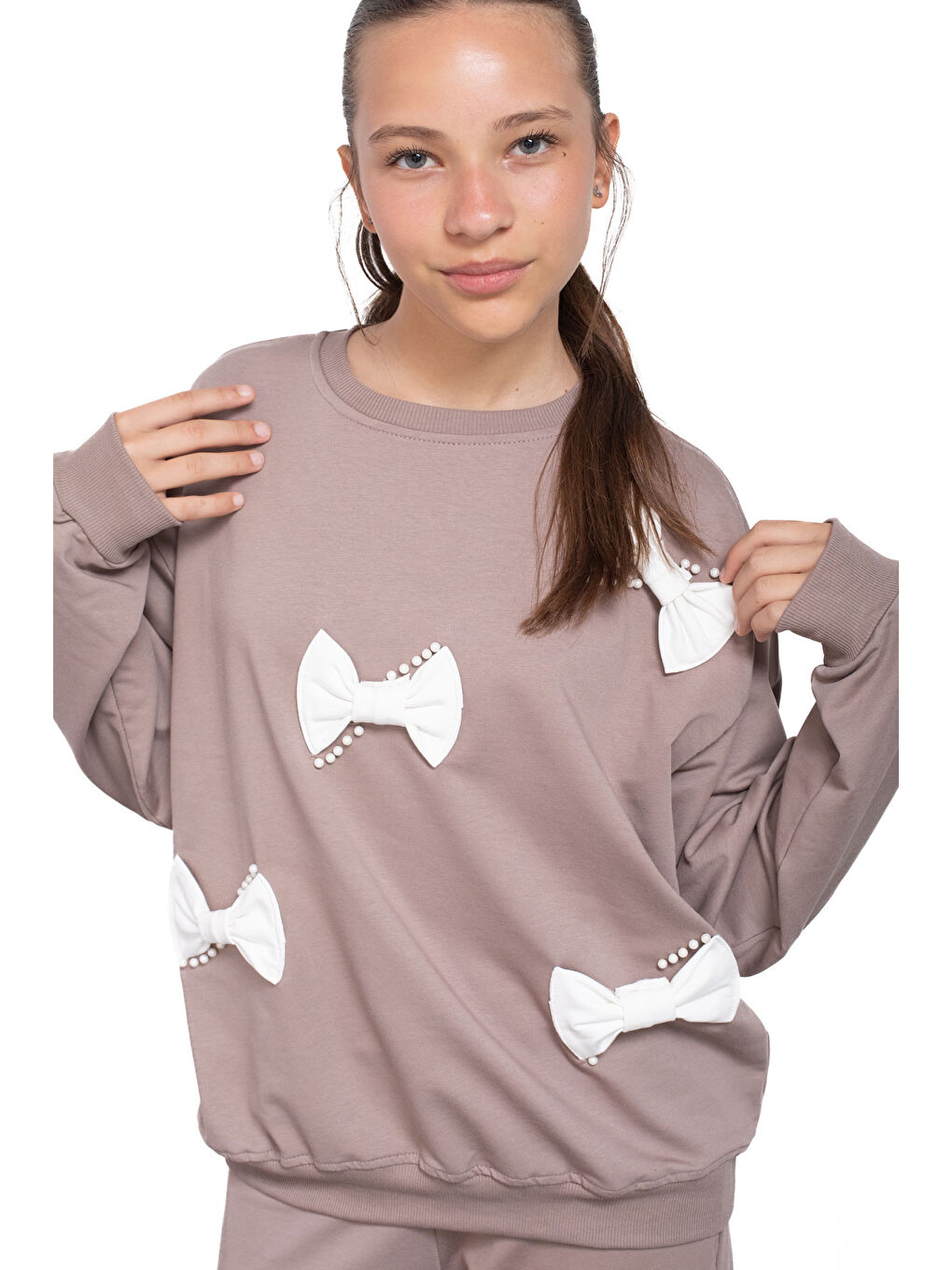 Kahverengi Fiyonklu İnci Detaylı Kız Çocuk Bisiklet Yaka 2li Eşofman Takımı 21202-1