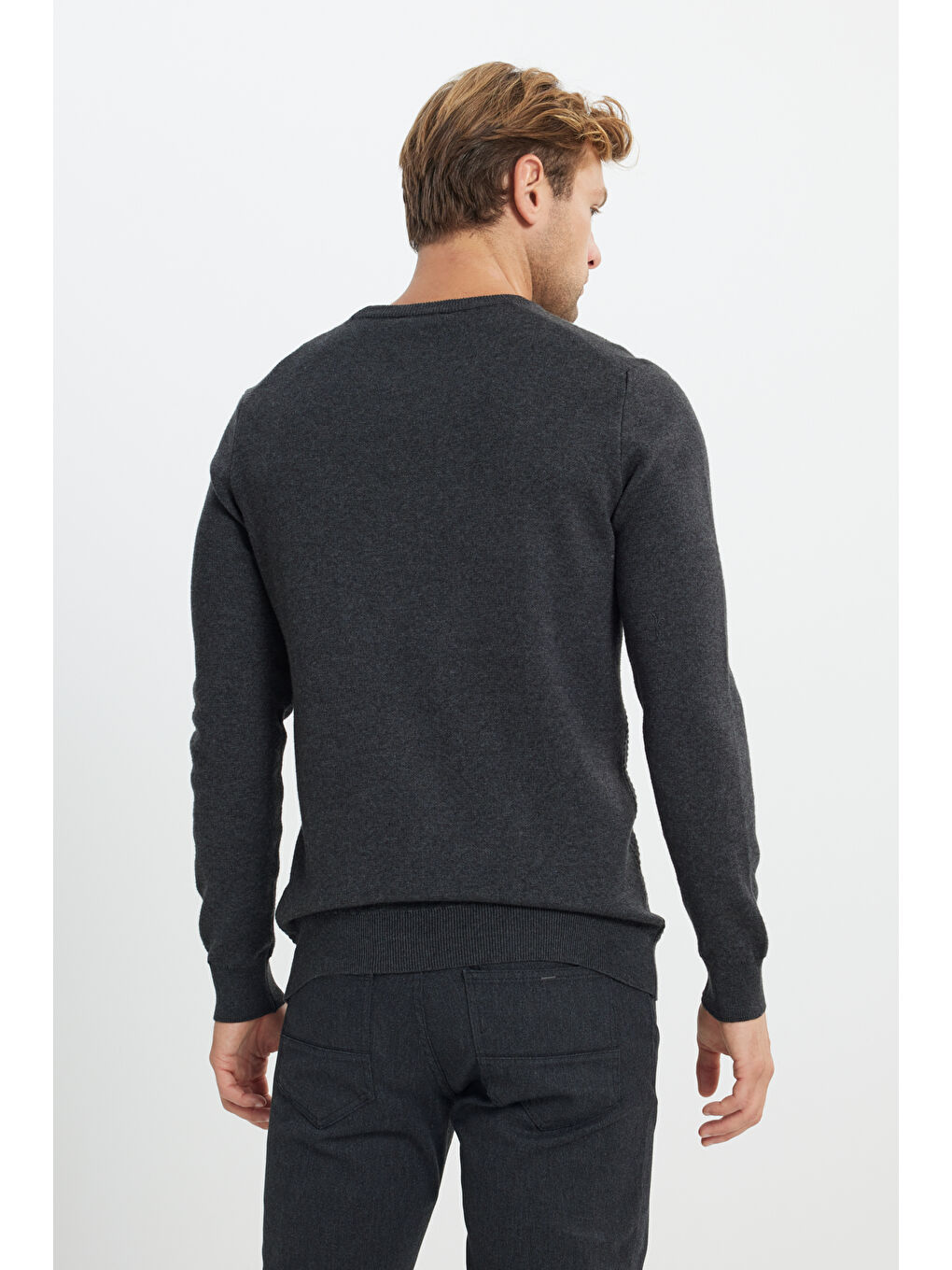 Erkek Antrasit-Melanj Pamuklu Standart Fit Normal Kesim Bisiklet Yaka Desenli Triko Kazak-5