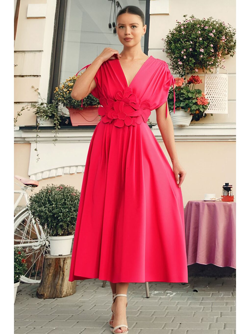 Fuşya Papatya Aplikeli Kruvaze Elbise-1