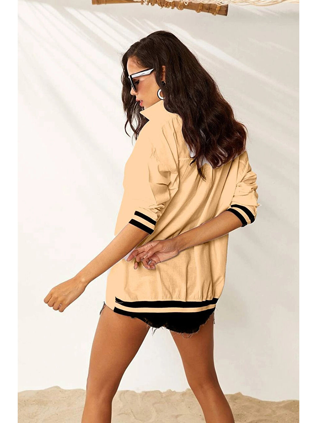 Bej Kadın Bisküvi Oversize Uzun Ribanalı Gömlek HZL22S-RT110011-1