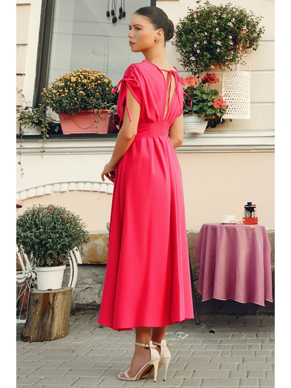 Fuşya Papatya Aplikeli Kruvaze Elbise-2