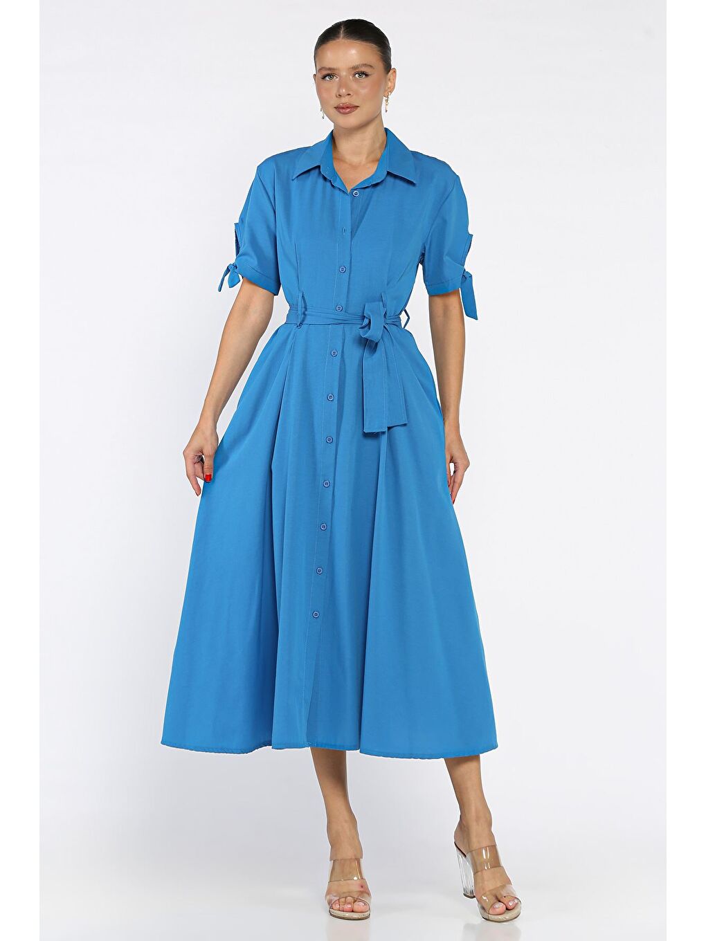 Mavi Düğmeli Ve Pileli Kısa Kol Uzun Elbise-1