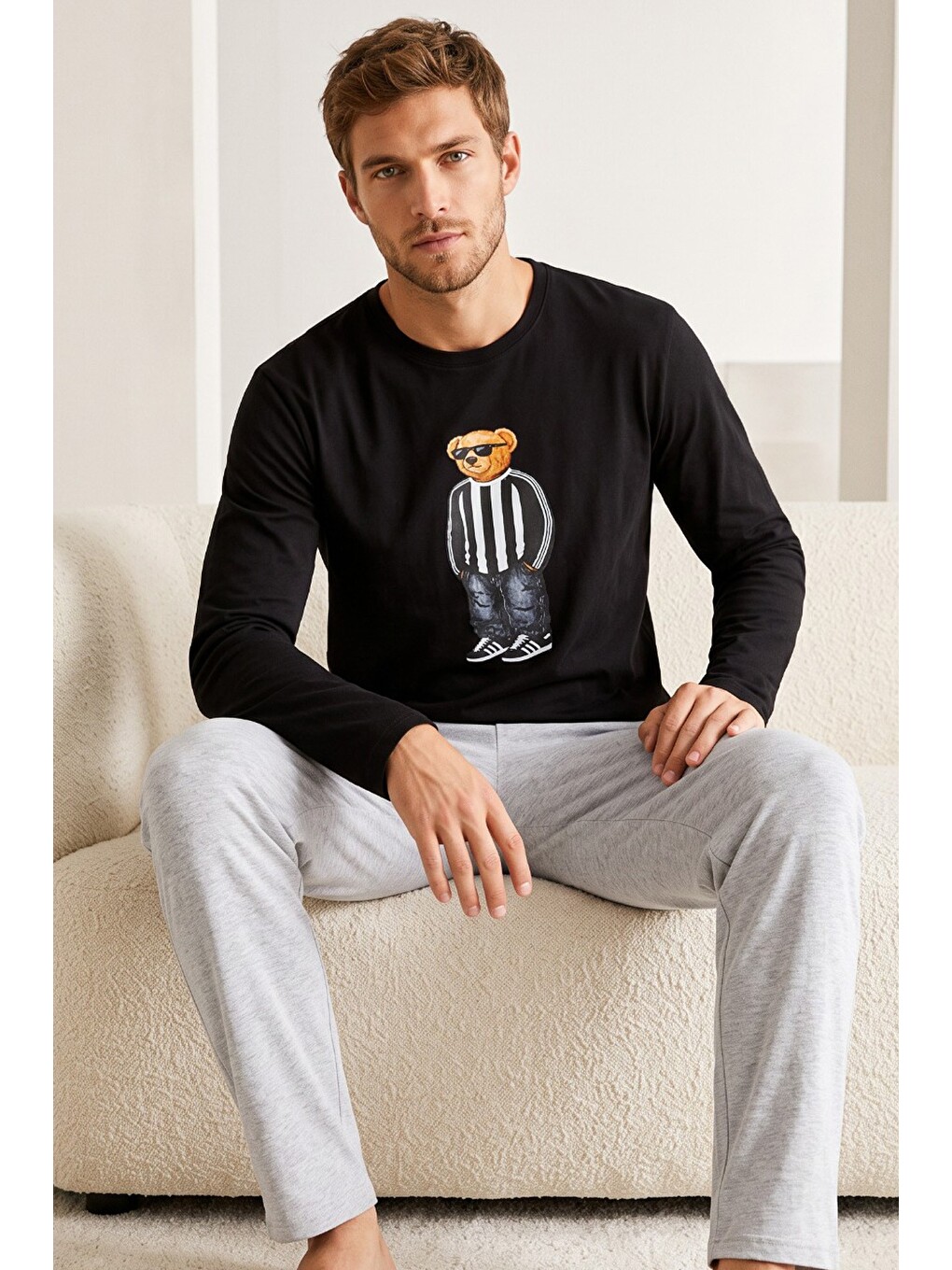 Siyah Baskılı Pamuklu Örme Uzun Kollu Pijama Takım 8076