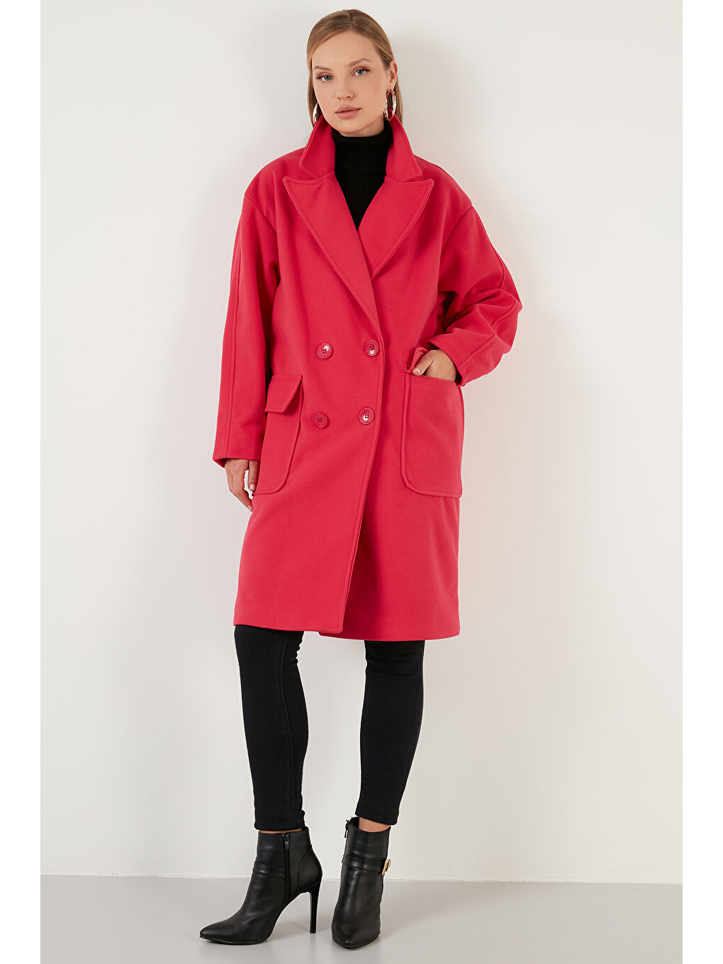 Fuşya Oversize Çift Düğmeli Kruvaze Yaka Uzun Kadın Kaban 6230043