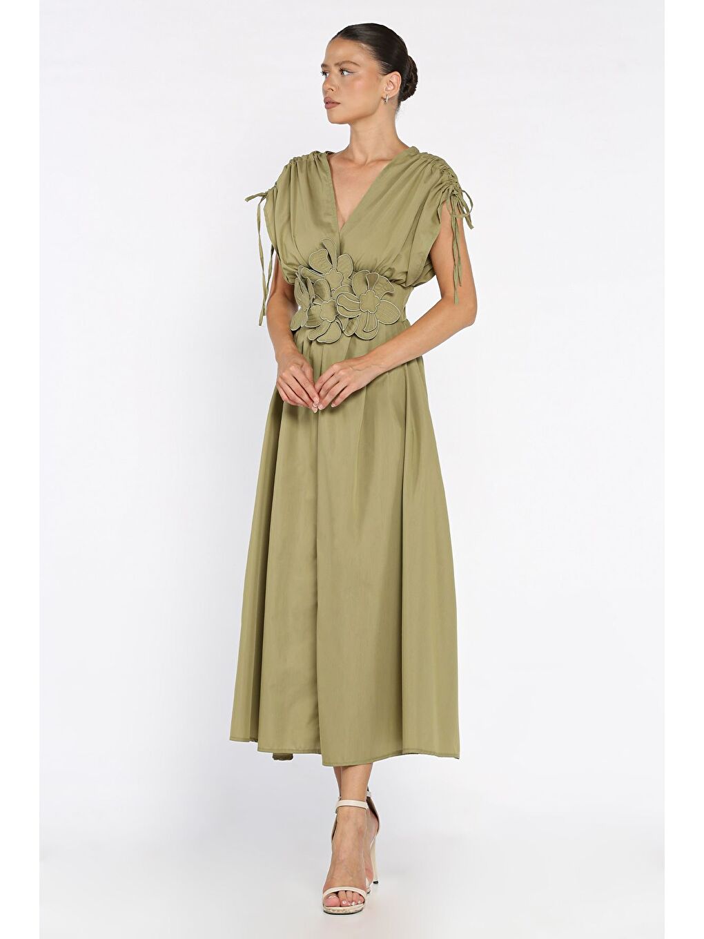 Haki Papatya Aplikeli Kruvaze Elbise