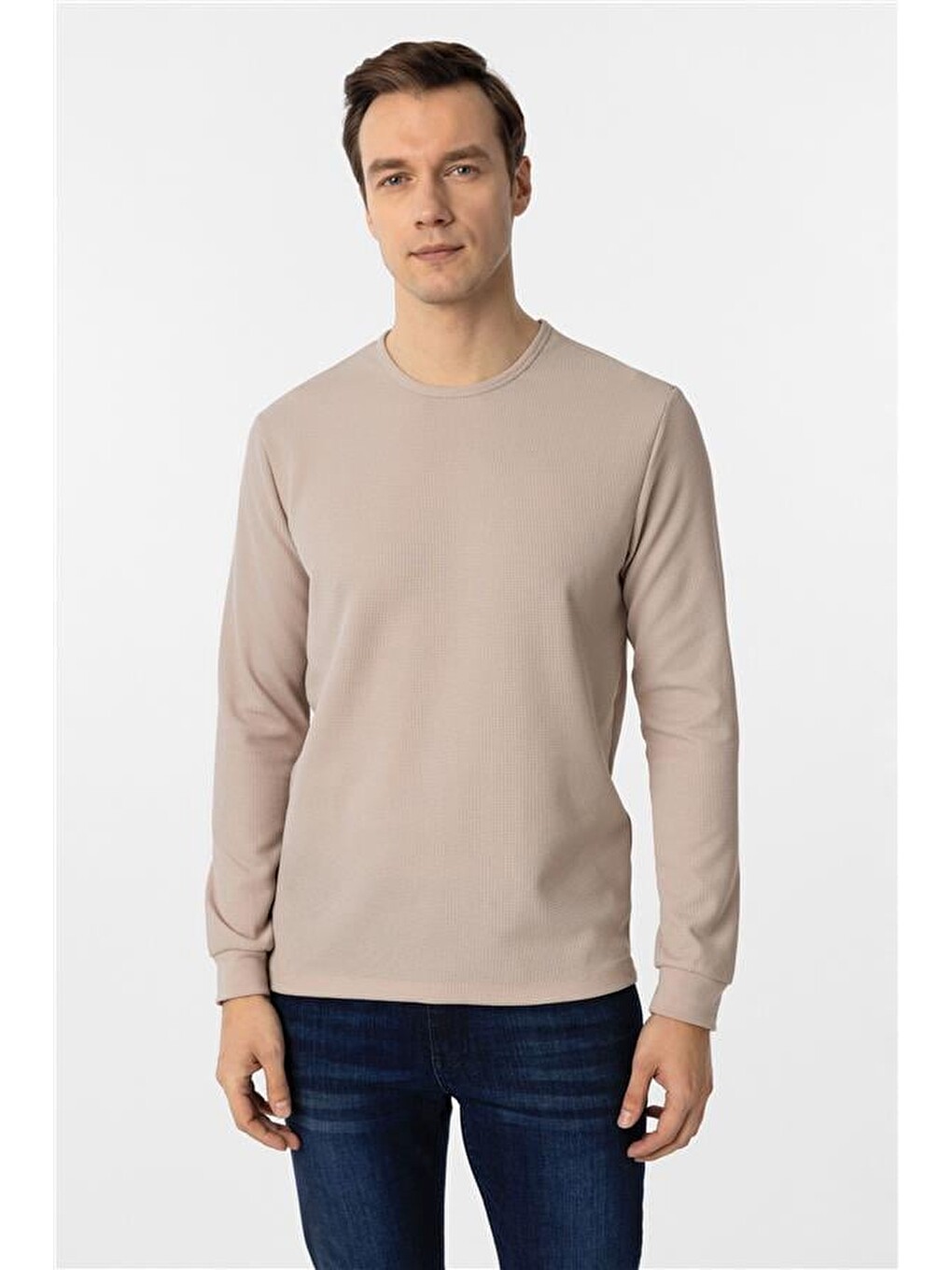 Ekru Slim Armürlü Bisiklet Yaka Sweatshirt