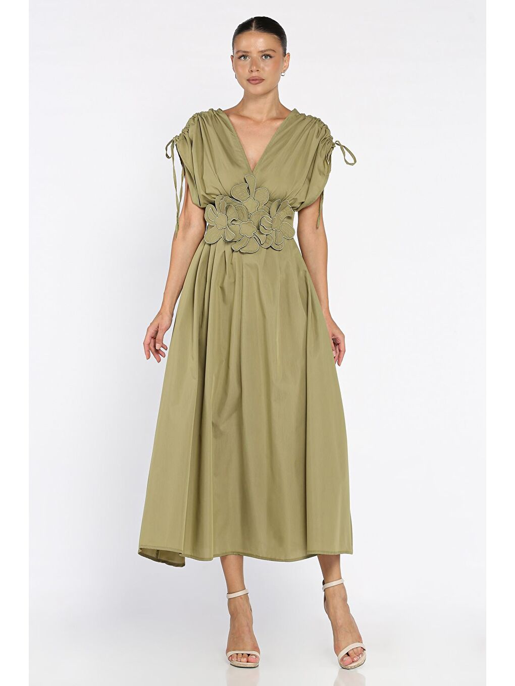 Haki Papatya Aplikeli Kruvaze Elbise-1