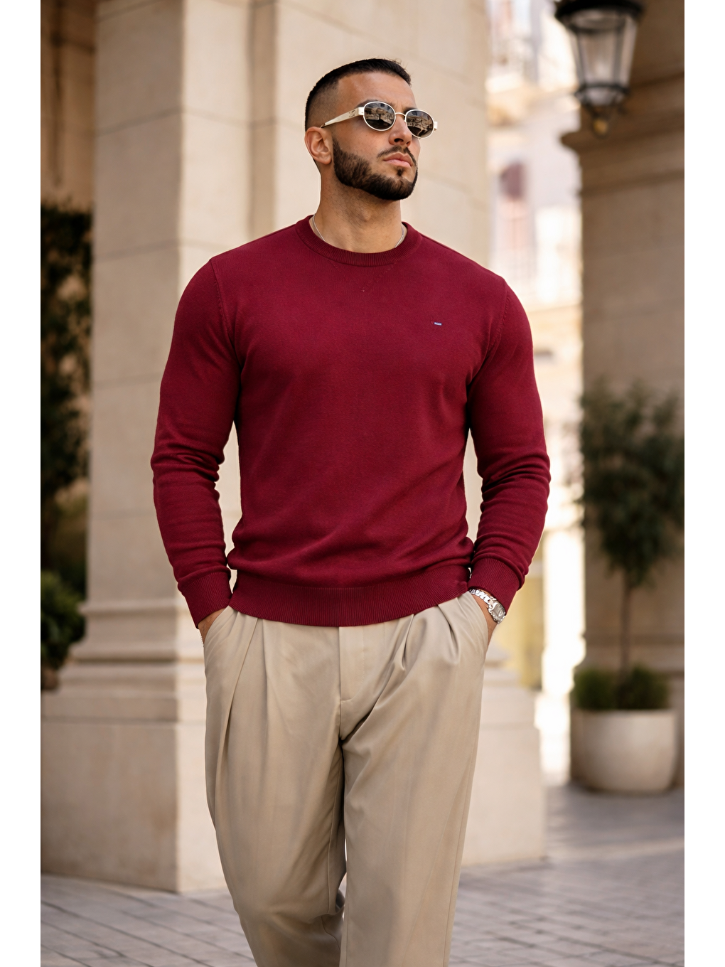 Erkek Trend Comfort Bisiklet Yaka Bordo Triko Kazak