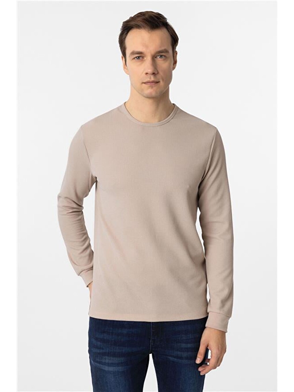Ekru Slim Armürlü Bisiklet Yaka Sweatshirt-1