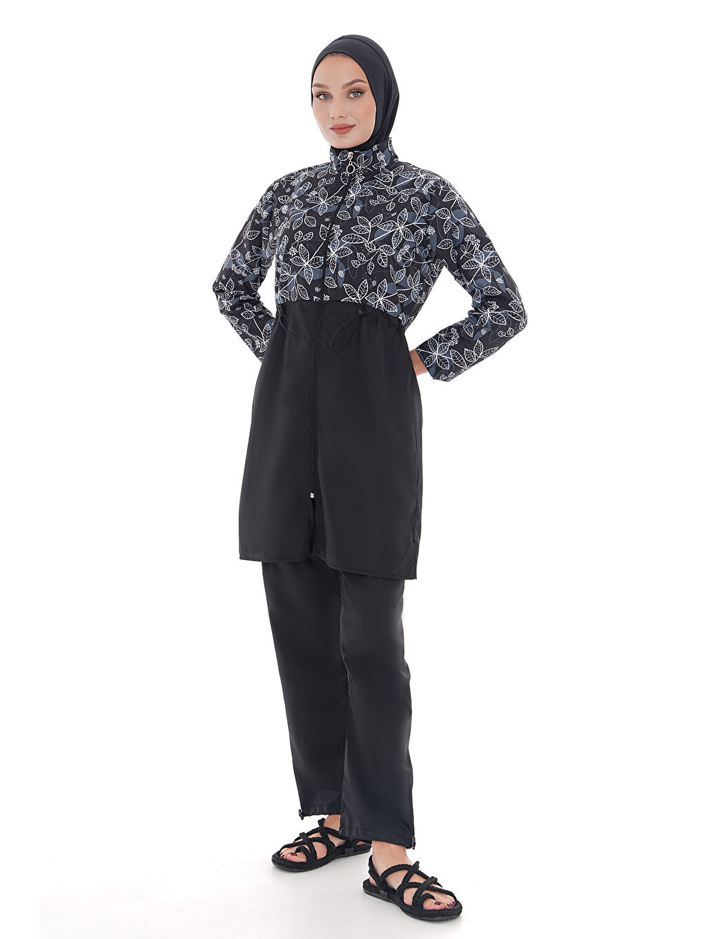 Ekru Paraşüt Tam Kapalı Tesettür Mayo Nida 2103 Beyaz Çiçek-1