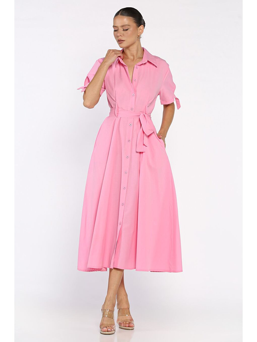 Pembe Düğmeli Ve Pileli Kısa Kol Uzun Elbise-1