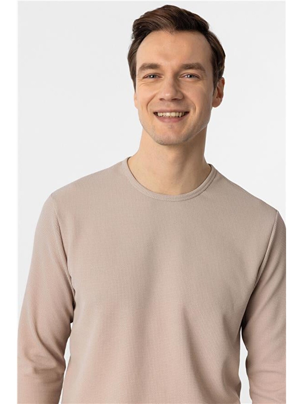 Ekru Slim Armürlü Bisiklet Yaka Sweatshirt-2