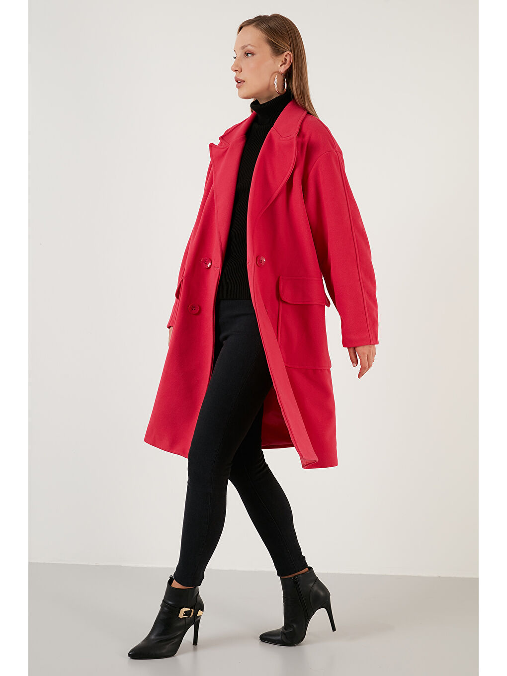 Fuşya Oversize Çift Düğmeli Kruvaze Yaka Uzun Kadın Kaban 6230043-1