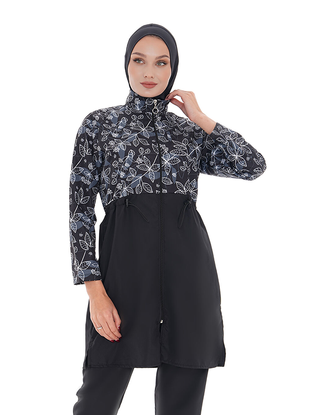 Ekru Paraşüt Tam Kapalı Tesettür Mayo Nida 2103 Beyaz Çiçek-2