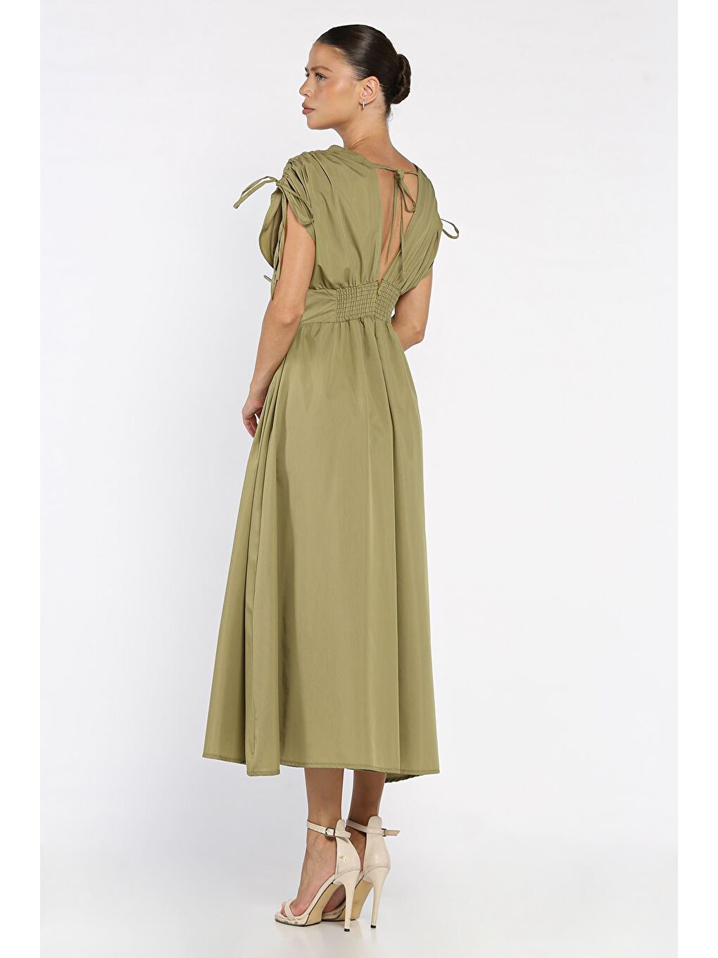 Haki Papatya Aplikeli Kruvaze Elbise-2