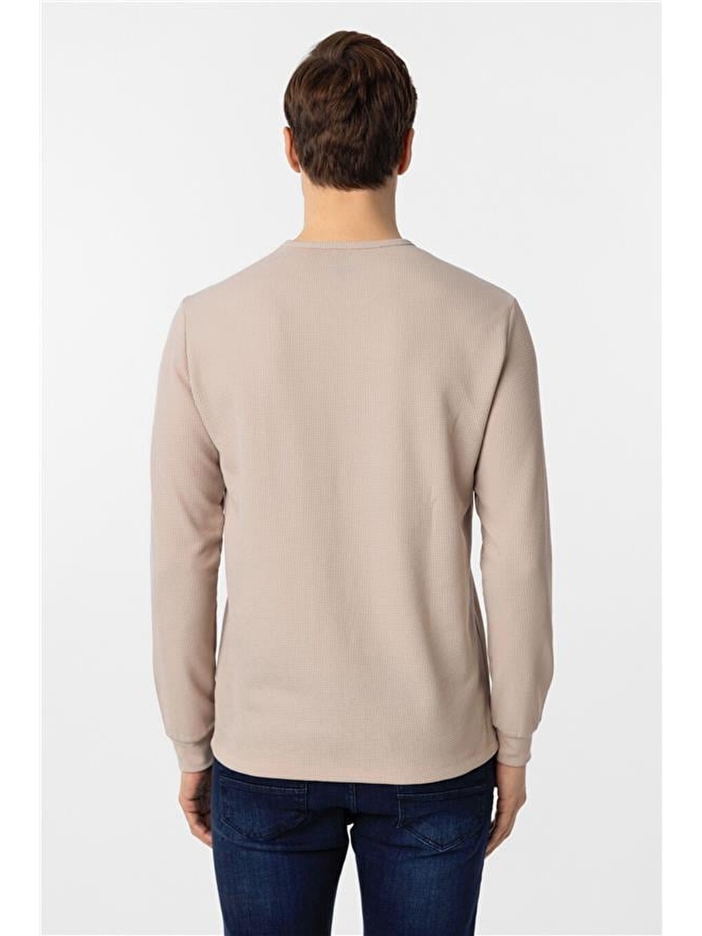 Ekru Slim Armürlü Bisiklet Yaka Sweatshirt-3