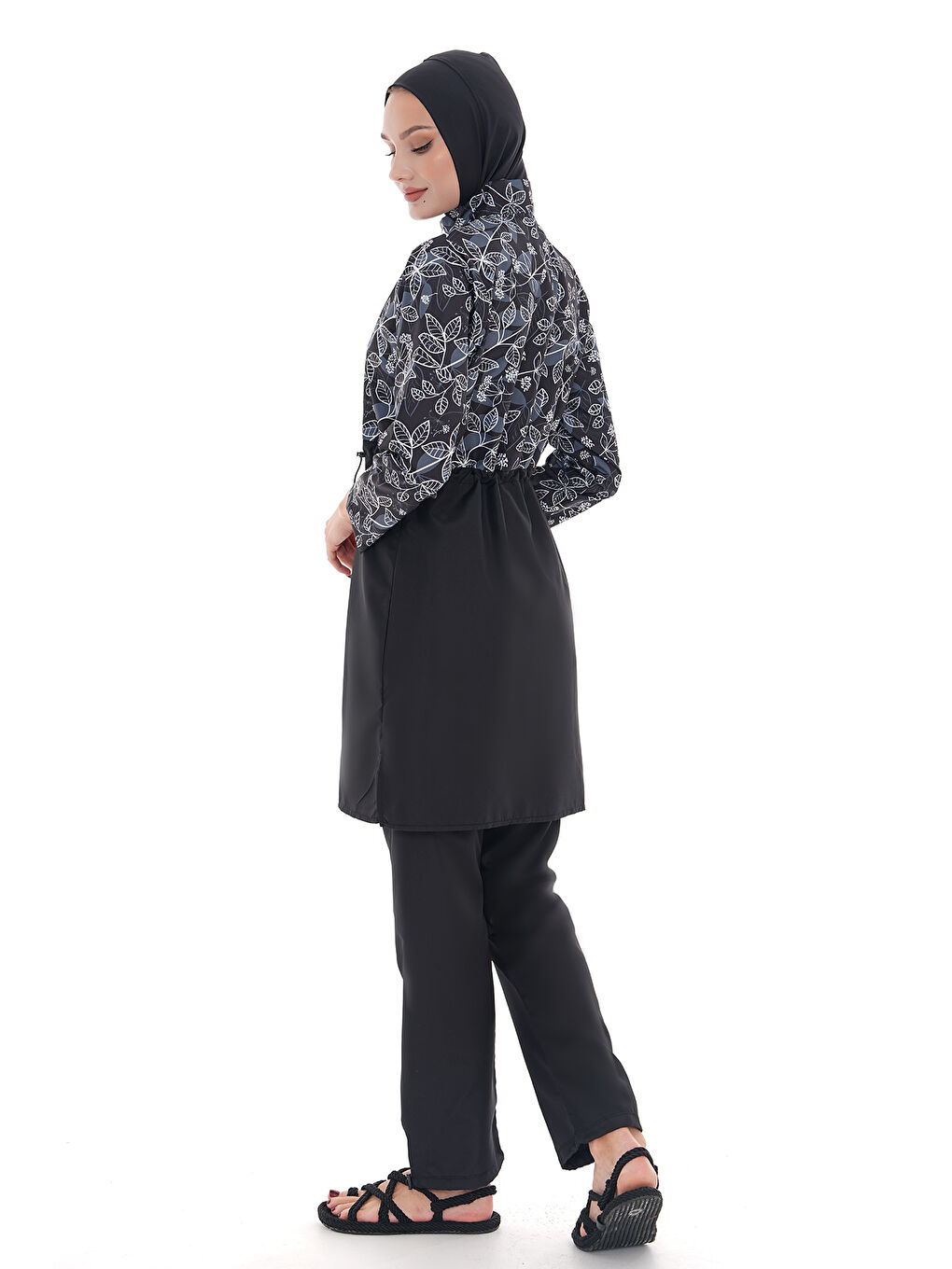 Ekru Paraşüt Tam Kapalı Tesettür Mayo Nida 2103 Beyaz Çiçek-3