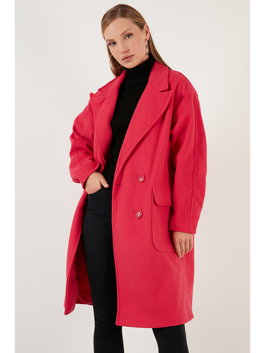 Fuşya Oversize Çift Düğmeli Kruvaze Yaka Uzun Kadın Kaban 6230043-2